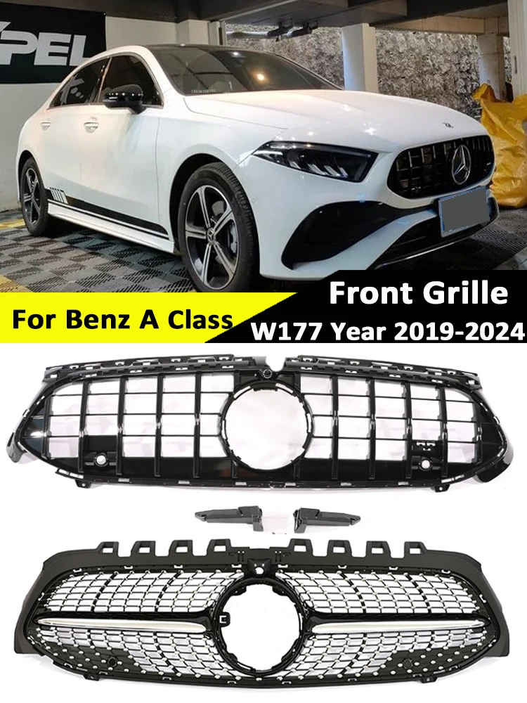 

For Mercedes Benz A Class V177 W177 Front Bumper Panamericana GT Grill 2019-2024 Diamond AMG A35 A45 Black Chorme Grille A200