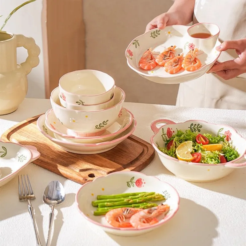 Platos de cerámica con diseño Floral exquisito, platos de cena bajo vidriado para el hogar, plato de bola de masa con discos de vinagre, plato de aperitivos de fruta para Sushi