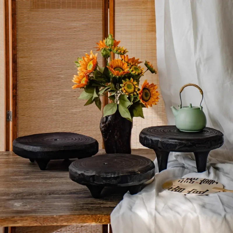 Charred Wood Coffee Table with Wabi-Sabi Aesthetic Multi-Functional Log Stool & Plant Stand, Blackened Organic  Zen Decor