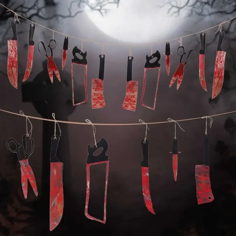 1-10Sets Halloween Blood Knife Hanging Banner for Outdoor Party Bar Haunted House Scary Decoration New Horror Pendant Prop