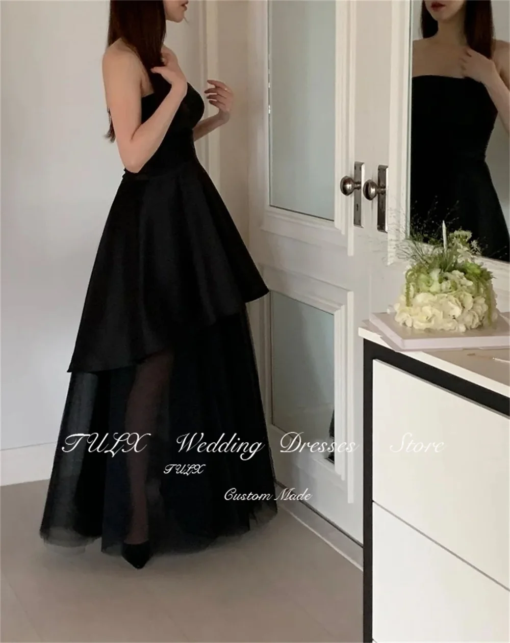 TULX Off Shoulder Tulle Shawl Evening Party Dresses Black Korea Satin Tiered Simple Elegant Women Formal Gowns Event Prom Gowns