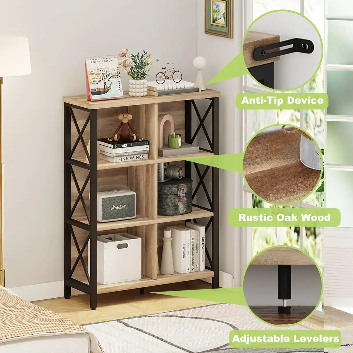 Rustic 6 Cube Storage Organizer Shelf, Wood and Metal Cubby Bookcase, Industrial 4 Tier Cube Bookshelf (Rustic Oak)