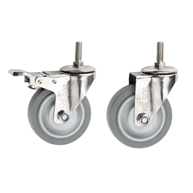 4pieces 4inch medium304 stainless steel TPR Casters mute no rust rigid swivel brake wheel double bearing Industrial casters