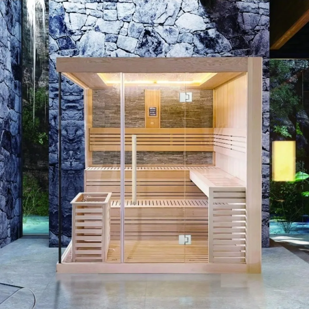 6 Person Hemlock Wood Sauna Room Indoor Steam, Premium Dry Steam Sauna with Toughened Glass & Digital Control