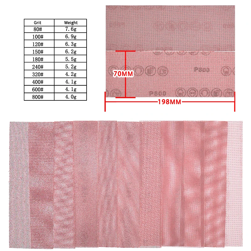 Juego de papel de lija de malla cuadrada, 10 Uds., 70x198/420mm, gancho y bucle para coche de madera y Metal (grano 80-800)