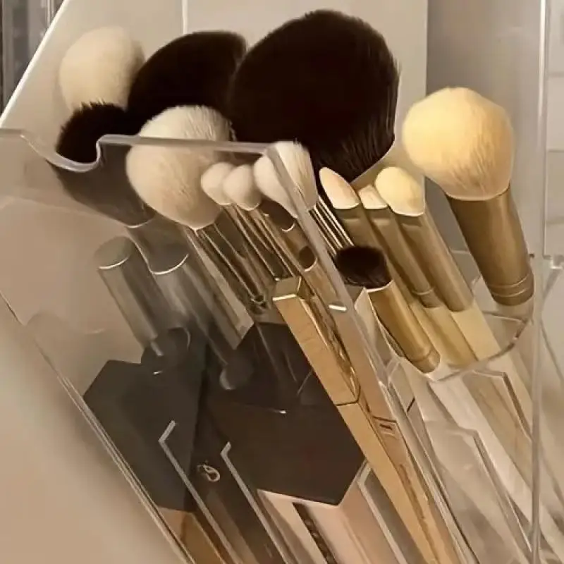 

Adjustable Acrylic Makeup Brush Organizer - Transparent Desk Vanity Holder for Brushes & Beauty Tools, No-Install Design