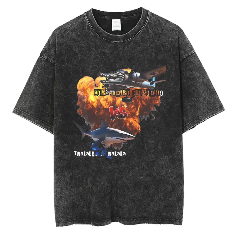 

Italian Brainrot Funny Meme Vintage Washed T-shirt Bombardiro Crocodilo Crocodile VS Tralalero Tralala Shark Graphic T Shirts