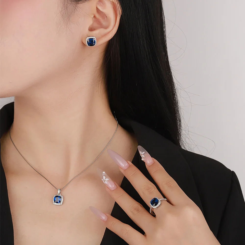 Vintage Square 8*8mm Sapphire Gemstone Necklace Pendant Ring Earrings Party Fine Jewelry Set for Women Accessories Birtyday Gift