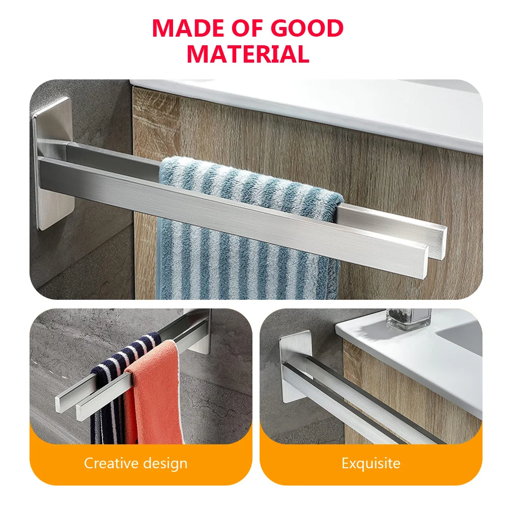 

Double Bars Towel Rack Stainless Steel Punch Free Wall Mounted Towel Shelf Elegant Appearance Sturdy Structure Quick Drying