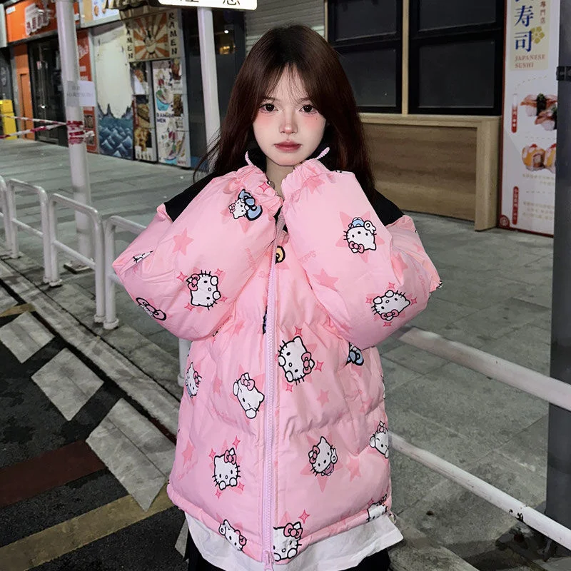 Sanrio-Parkas de algodón de Hello Kitty Y2k para mujer, chaquetas de plumón Harajuku, abrigo holgado con cremallera de retazos, chaqueta cálida