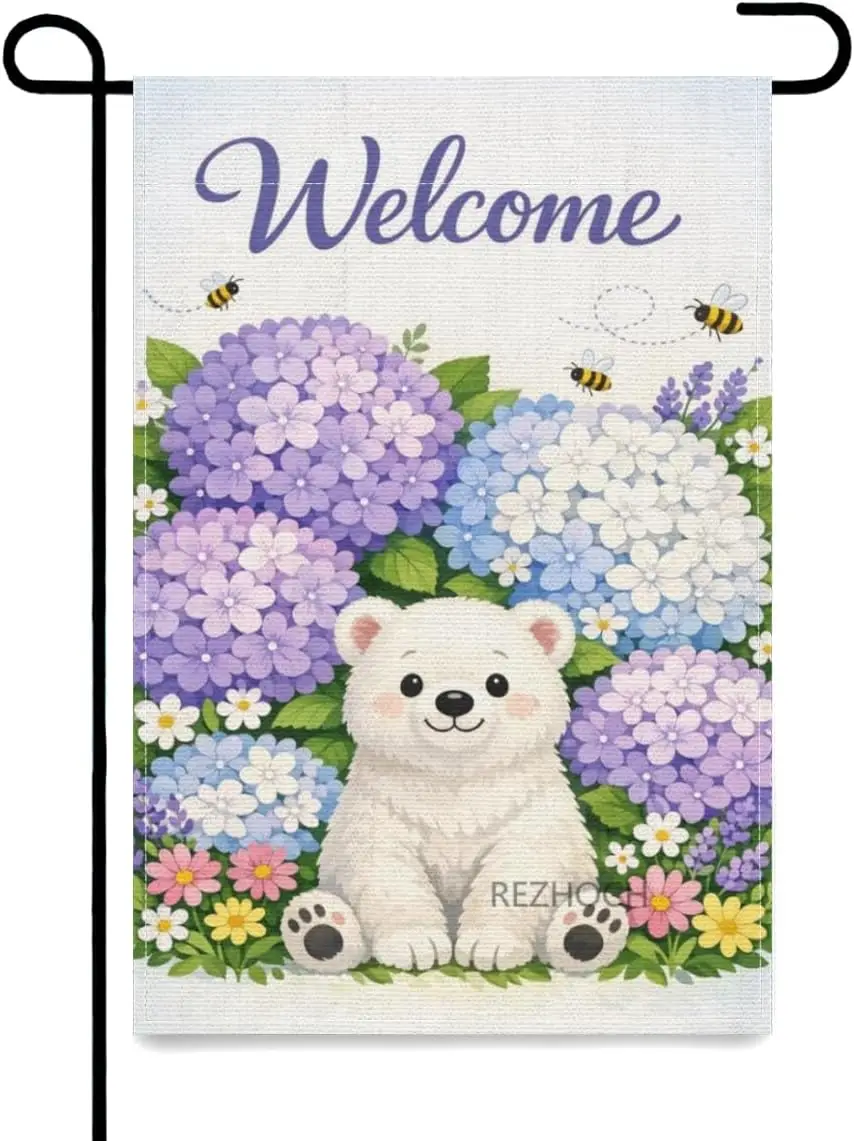 Welcome Garden Flag 12x18 Inch,Funny Polar Bear Outside Purple Hydrangea Floral Spring Summer Yard Flag,Cute Animal Double S ZZM