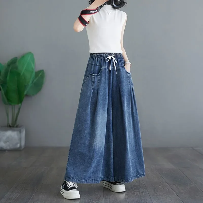 

Retro Elastic Waist Drawstring Denim Wide-Leg Pants Women's Loose Plus Size Casual Comfortable Long Trousers