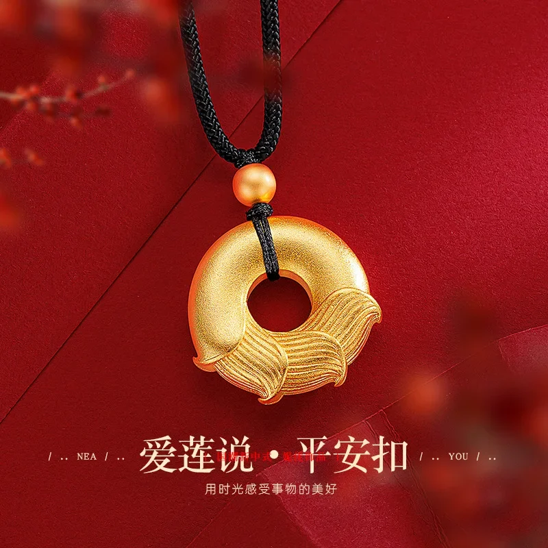 

9999 Real Gold 24K Ethnic Wind Ailian Said Ancient Gold Safety Buckle Lanyard Necklace Lotus Safety Buckle Plain Ring Pendant