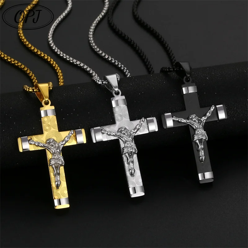 

OPJ Fashion Stainless Steel Necklace For Men European And American Retro Temperament Water Wave Pattern Cross