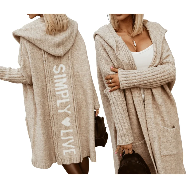 

Flash Trend Womens Long Cardigan Oversized Hooded Casual Long Sleeves Solid Color Letter Printed Sweater Outwear