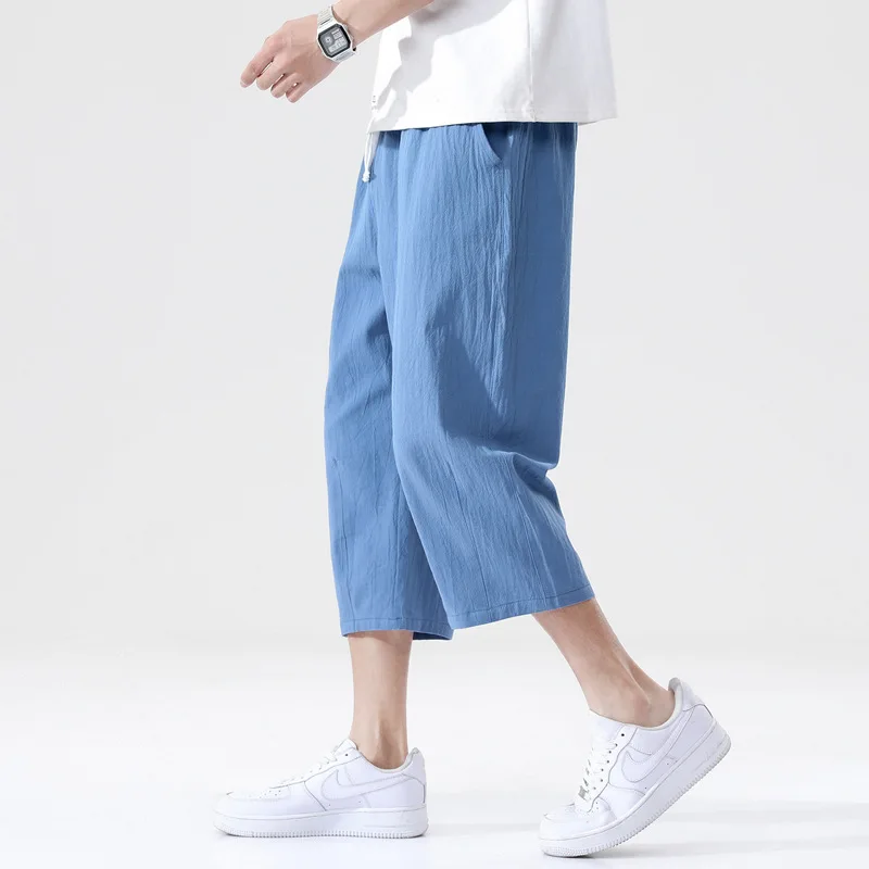 

2024 Elegant Fashion Harajuku Slim Fit Ropa Hombre Loose Casual All Match Sports Pants Solid Pockets Cotton Linen Cropped Pants