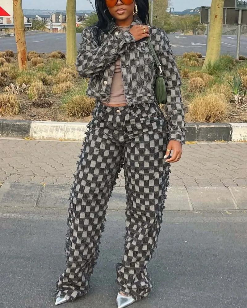 

Chessboard Plaid Jacquard Tassel Washed Denim 2 Piece Set Women Long Sleeve Jackets Top + Loose Straight Pants Jeans Suits