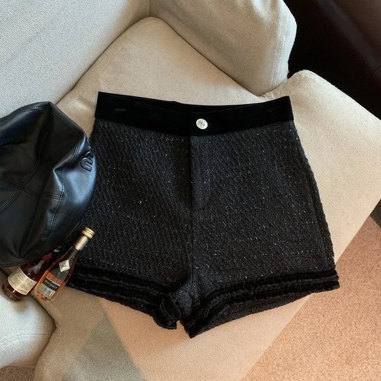 

Женские осенне-зимние элегантные лоскутные широкие твидовые шорты, женские черные твидовые шорты с высокой талией
