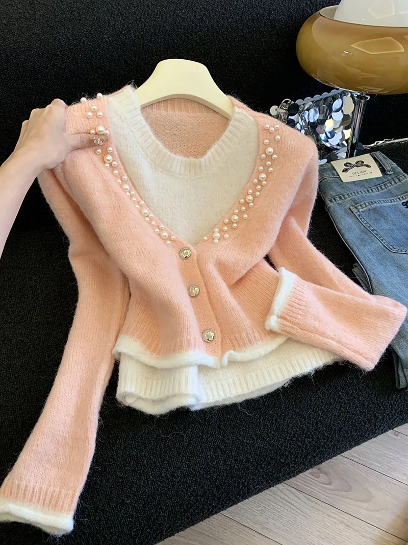 emperamento, capas, usando tops falsos de dos piezas, moda femenina, estilo occidental, suéter de punto, perezoso, diseño de alta gama, nicho