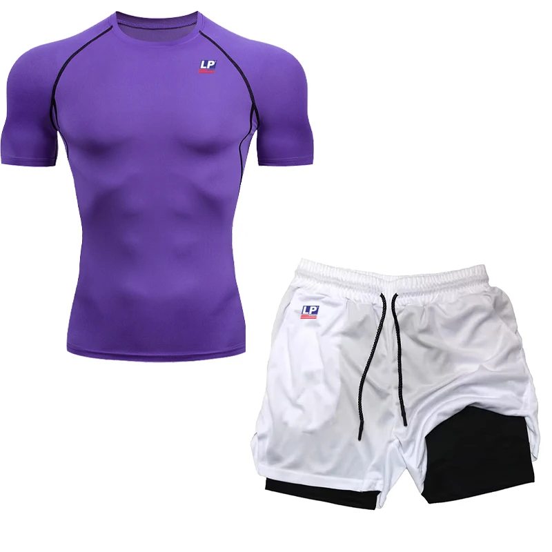 LP SUPPORT Men's Solid Color Short-Sleeved T-Shirt - Compression, Quick-Drying, Breathable Training Set - Fitness, Jiu-Jitsu Pro