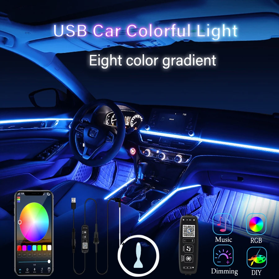 Lumière ambiante RVB flexible intérieure de voiture, néon USB, bande LED, fibre optique, décoration automatique, contrôle de la musique, escales