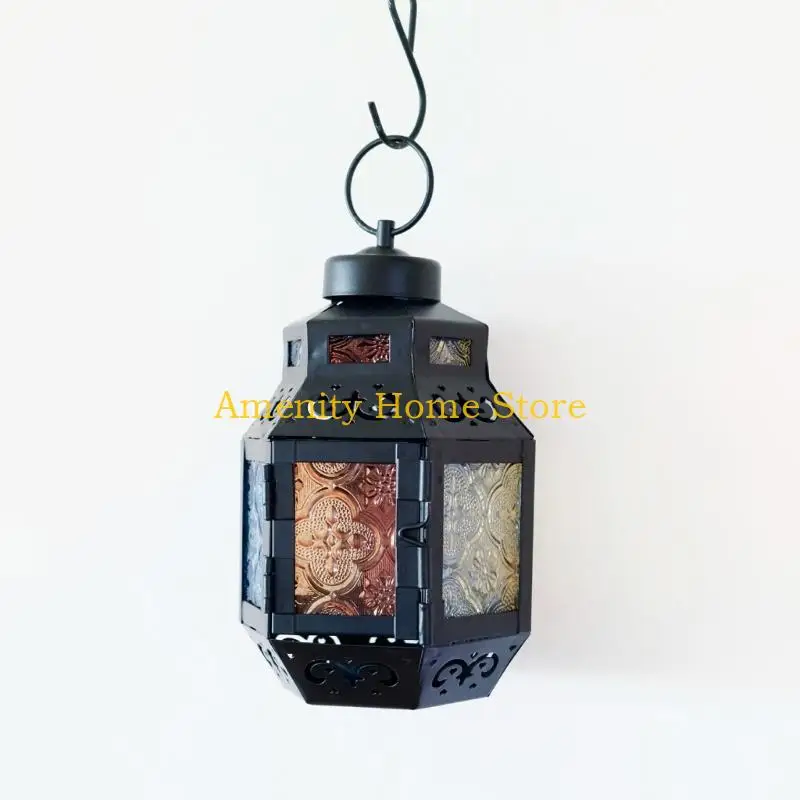 F26C Decorative Windproof Hexagonal Lantern With Multiple Colored Glass And Metal Frame