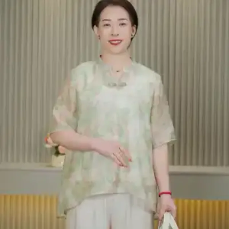 

Women's Chinese Style Linen Blouse Green Tie Dye Print Frog Button V Neck Half Sleeve Casual Top