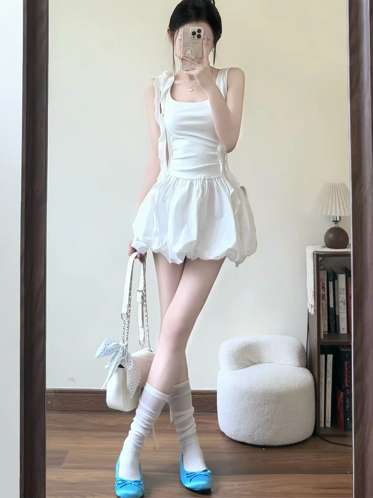 Sweet White Bouffant Dress Women's Summer Beautiful Sleeveless Puffy  Skirt Vacation First Love Series Little White Dress