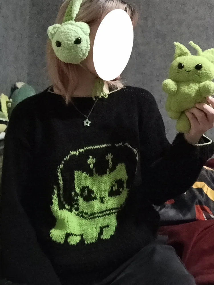 Y2K Alt Cropped Sweater Alien Cat Jacquard Pattern Long Sleeve Loose Pullover Streetwear Jumper