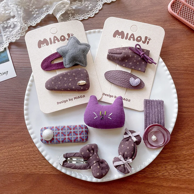 

Осень-зима, новые фиолетовые детские заколки для волос, тканевые заколки со звездами и бантом, боковые заколки с милой челкой, BB-заколки, аксессуары для волос для девочек