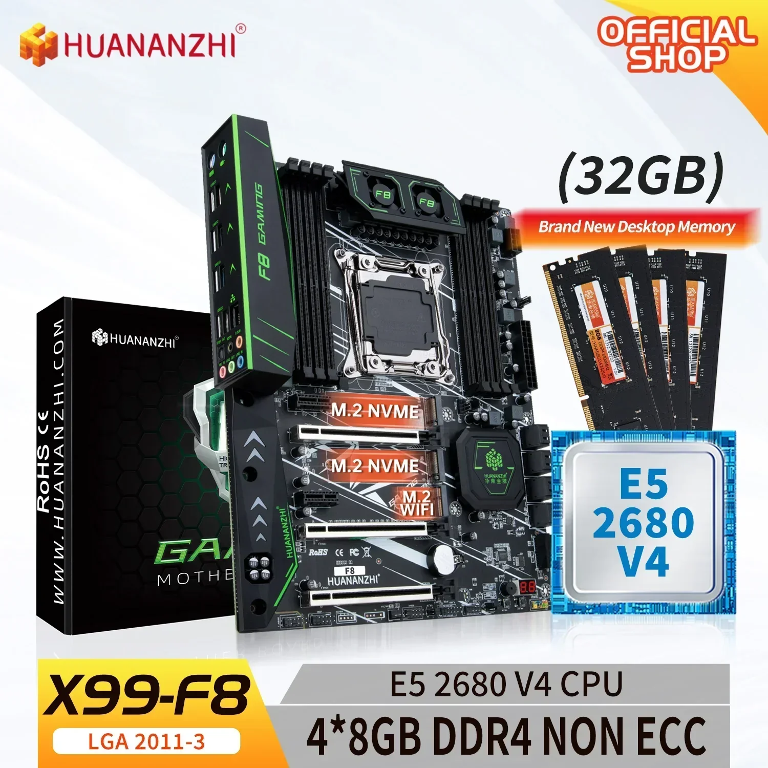 HUANANZHI X99 F8 LGA 2011-3 XEON X99 Motherboard with Intel E5 2680 v4 with 4*8G DDR4 NON-ECC memory combo kit set NVME SATA USB