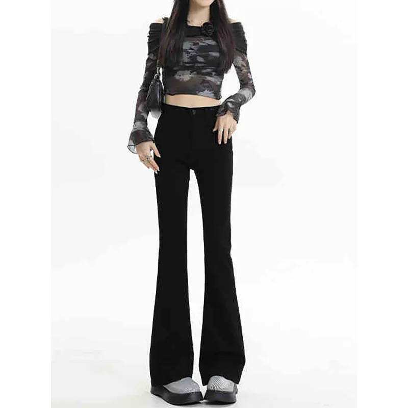 Women's 2025 Black Micro Flared Jeans High Waist Short Stature Slimming Horseshoe Long Pants
