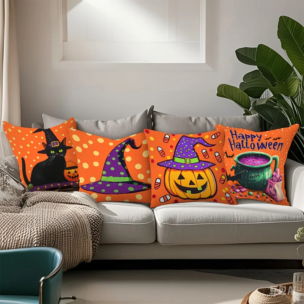 2D Flat Printed Orange Tones Pillow Covers, Black Cat Wizard Hat Pumpkin Lantern Cauldron Bats Pattern, Home Decor for Halloween