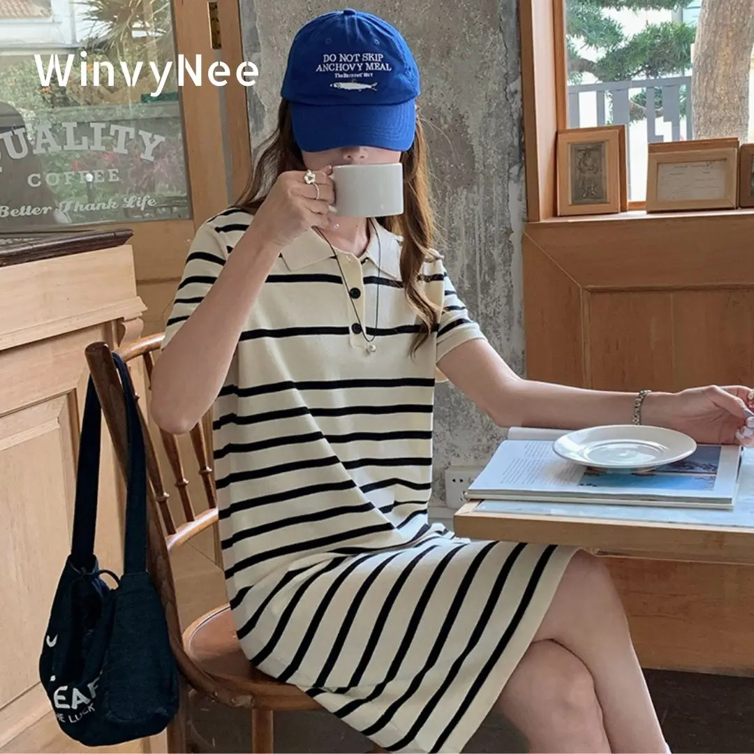 

WinvyNee, летние женские платья, рубашка поло, женская хлопковая одежда, полосатое пляжное повседневное дизайнерское свободное длинное платье для женщин E 1522025