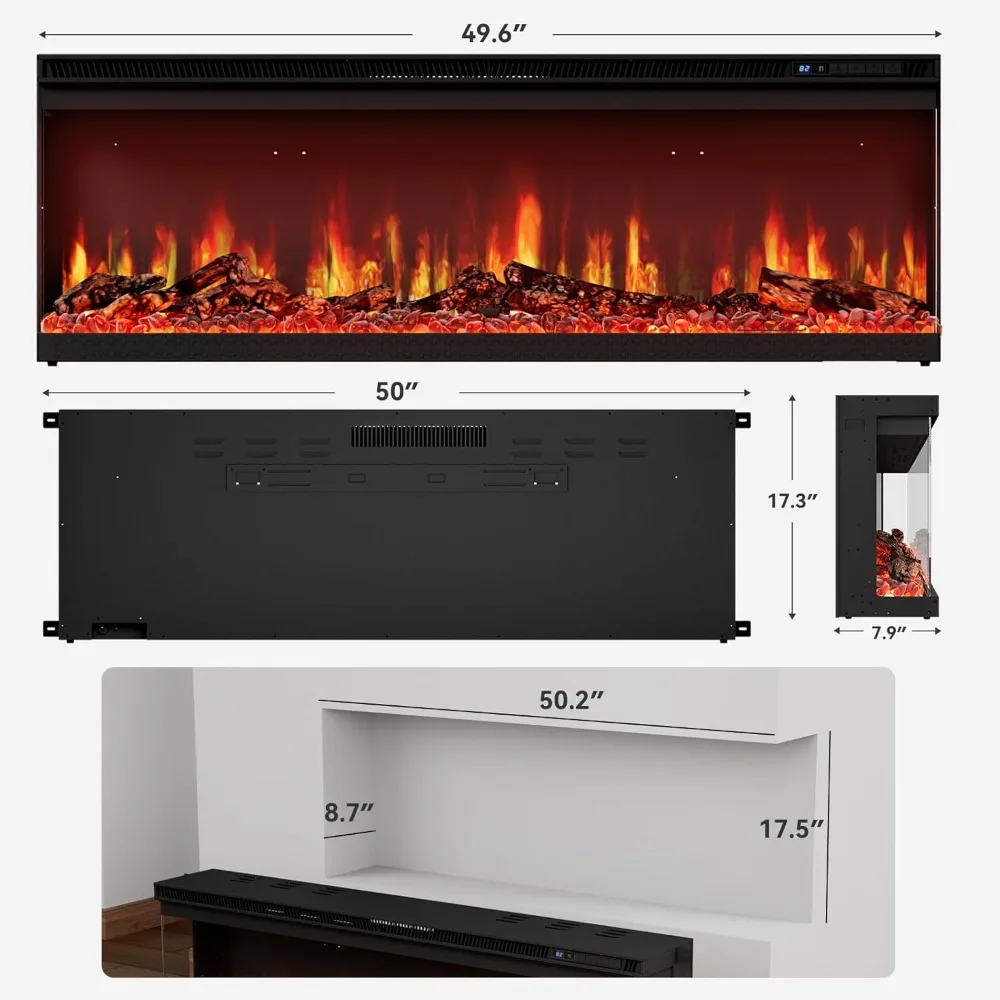 مدفأة كهربائية مثبتة على الحائط مقاس 50 بوصة، تصميم مدمج مع واي فاي/جهاز تحكم عن بعد، سخان 1500 وات، 12 لونًا لهبًا