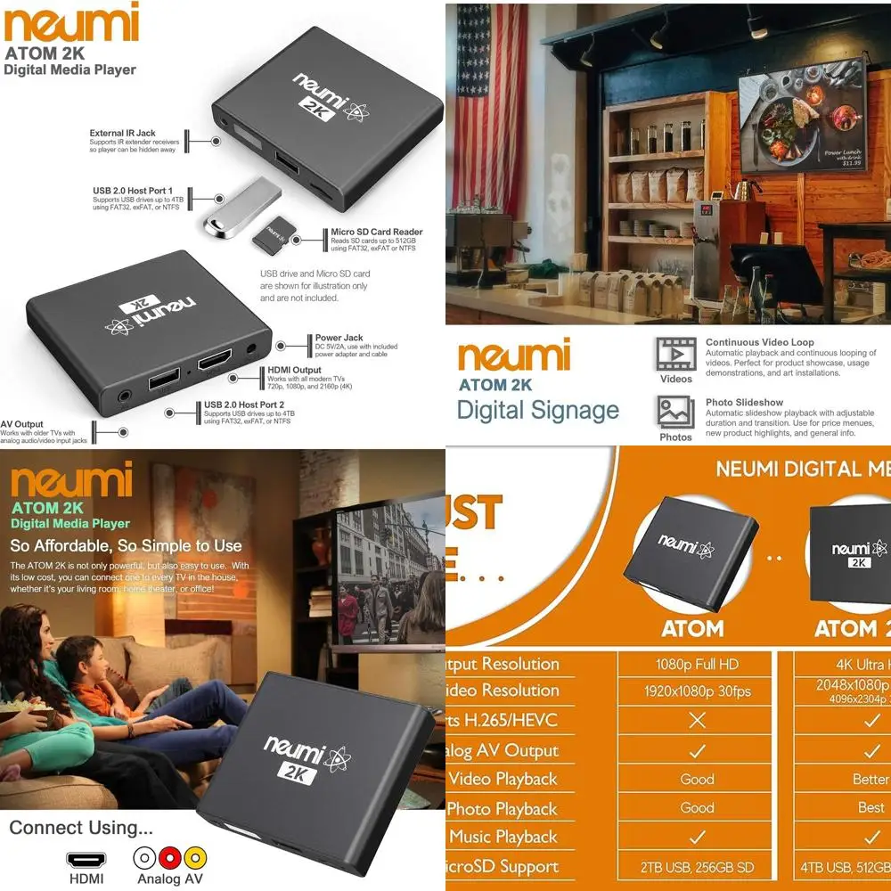 مشغل الوسائط الرقمي NEUMI Atom 4K Lite Ultra-HD لمحركات أقراص USB وبطاقات SD - يلعب فيديو 4K/UHD، HEVC/H.265، HDMI والتناظرية