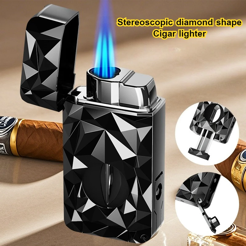 New High Beauty Diamond Cut Face Lighter with Multi Function and V-Cut Cigar Lighter, Three Dash Windproof Igniter 2026