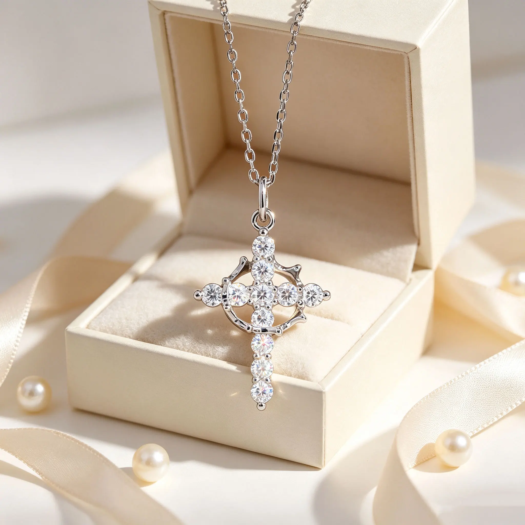 925 Sterling Silver Cross Necklace with D Colored Crown Moissanite Pendant Ice out All Moissanite Religious High-End Jewelry for Men And Women Birthday Gift