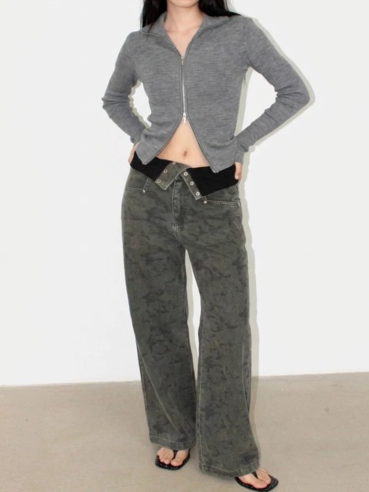 

OvyClub Original High Waist Vintage Waed out Distred Retro Flared Denim Camouflage Pants Women's Casual Trousers