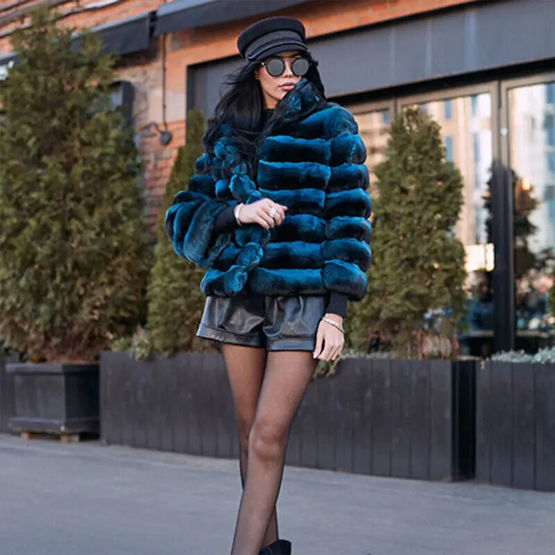 Fashion Women Blue Real Rex Rabbit Fur Coat Jackets Winter Solid Warm Stand Collar Genuine Fur Overcoat