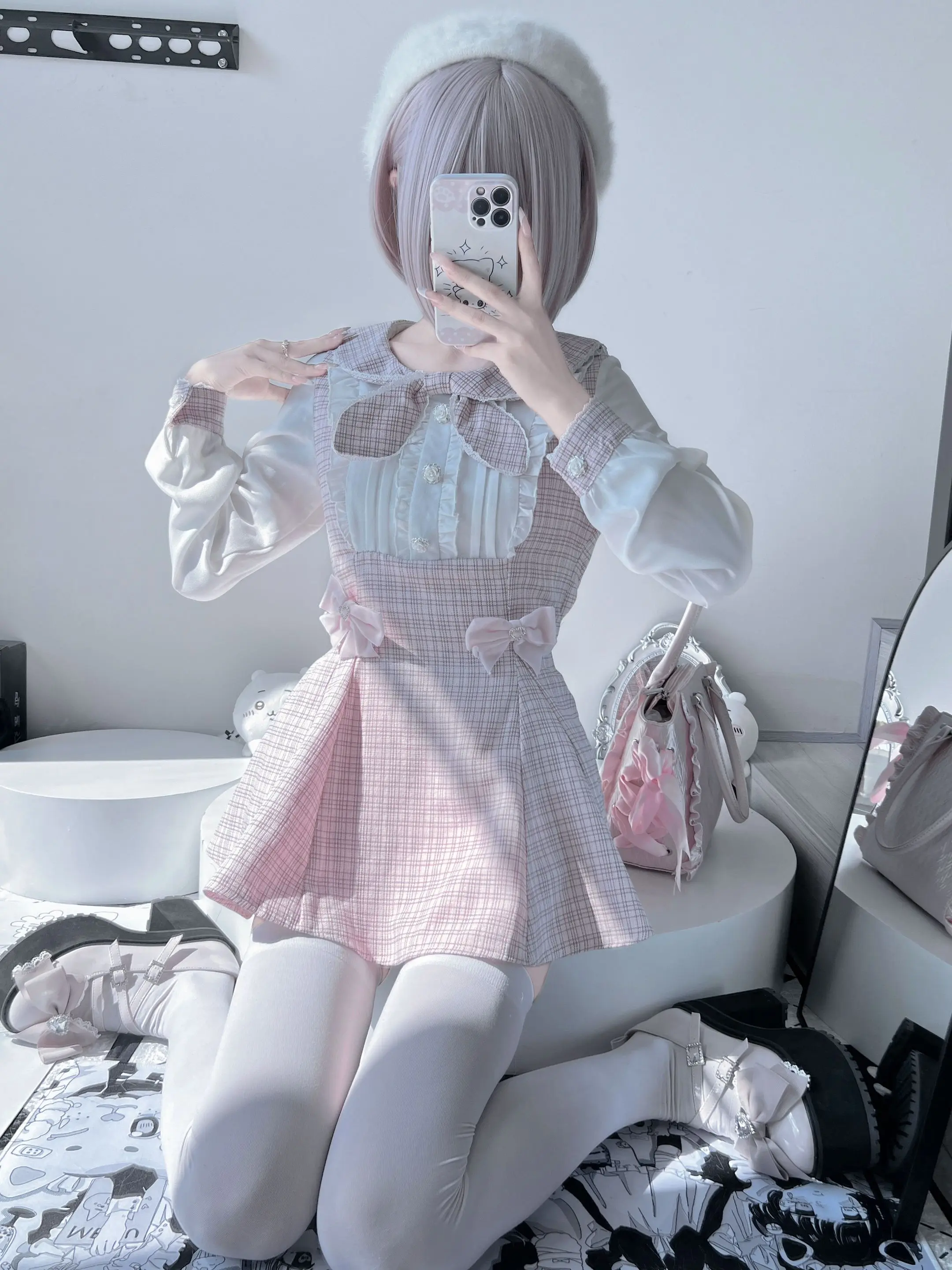 Original Japanese Mass-produced Mine Long Sleeve Dress + Shorts Set Womens Sweet Bow Princess Lolita Shirts Tops +Shorts Sets