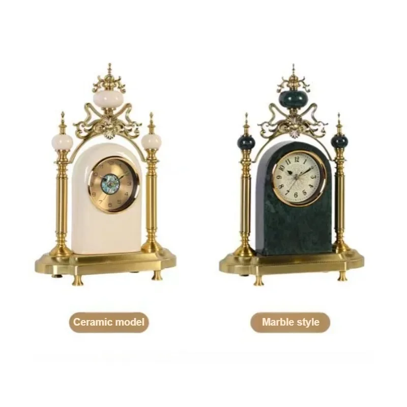 Classical Table Clock Green Ornate Marble Desk Clock Luxury Ceramic Desktop Clocks Home Villa Gold Metal Decorative Watch