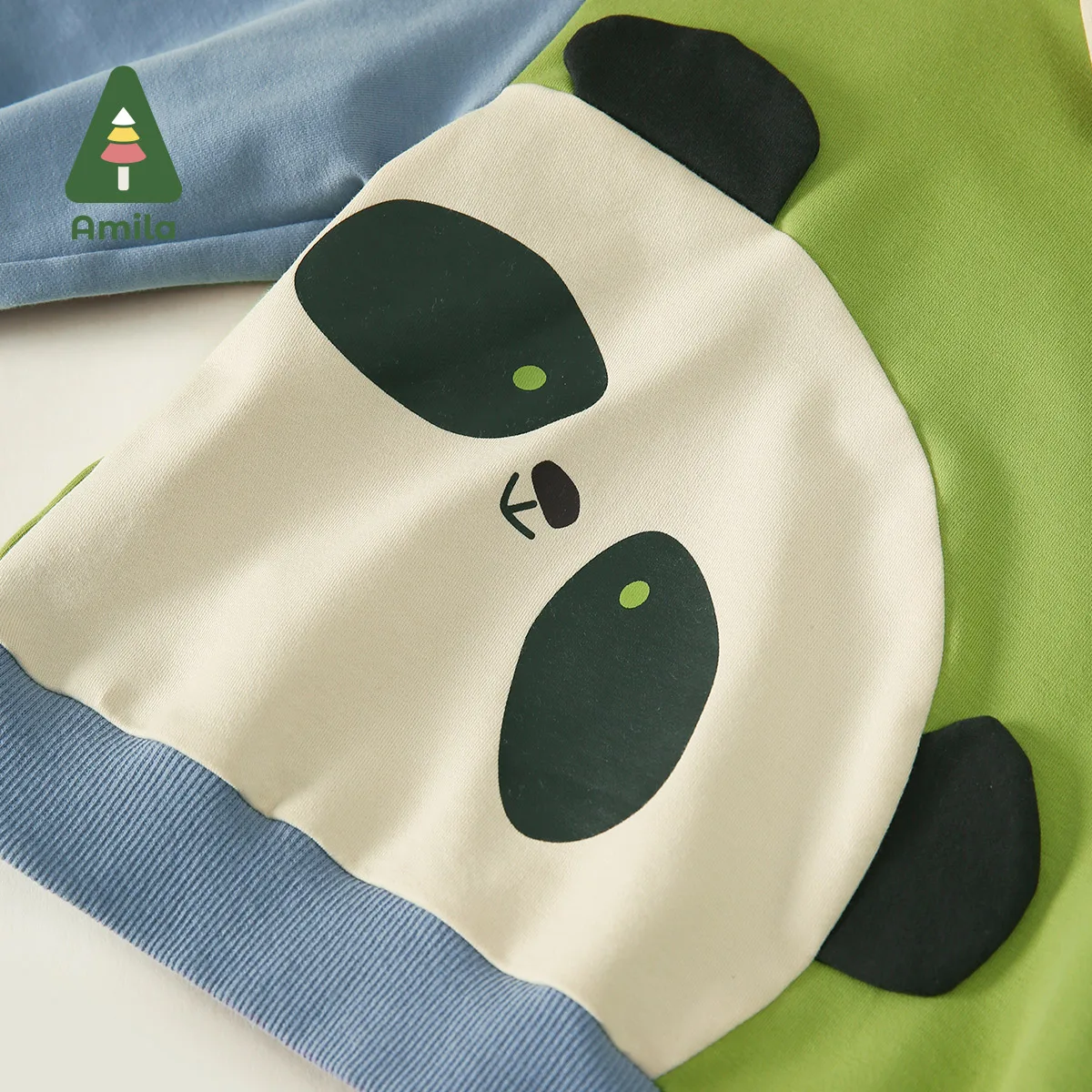 Amila Baby Clothing  2023 Autumn Panda Pattern Cotton Rib Shrink Cuffs New Fashion Printing Two Pieces Suit For Boy Girls Outifs