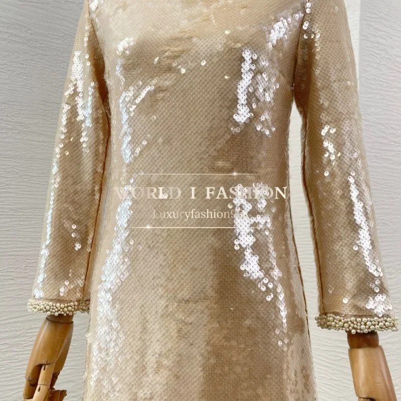 

Nude Color Long Sleeve Pearl Sequins Pressed Mini Dress