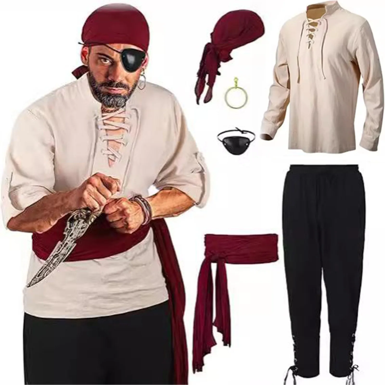 6 قطعة أزياء الهالوين للرجال عصر النهضة مجموعة القرون الوسطى القراصنة فارس قميص الكاحل النطاقات السراويل فايكنغ حزام الملحقات