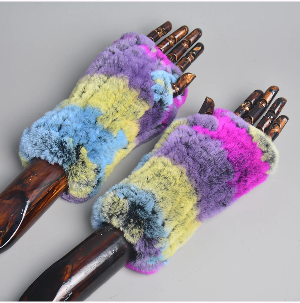 New Women 100% Real Genuine Knitted Rex Rabbit Fur Mittens Winter Warm Lady Real Fur Fingerless Gloves Handmade Knit Fur Mitten
