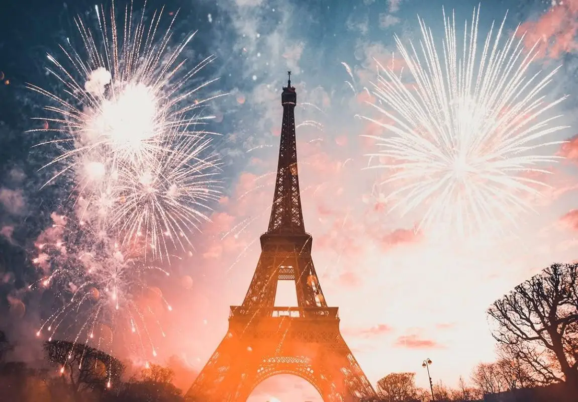 Fondo de fuegos artificiales de Feliz Año Nuevo, Fondo de edificio de fama mundial, decoración de fiesta de celebración, retratos de boda, accesorios de estudio