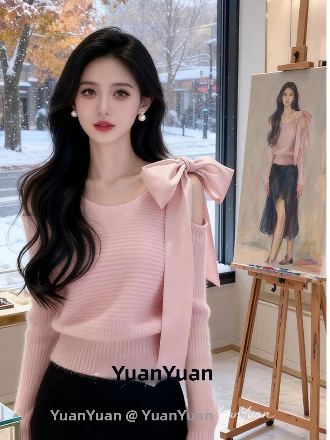 Early Autumn Korean Style Pink Knitted Sweater Short Cute Unique Beautiful Light Maturity Top Fashionable  Knot Design