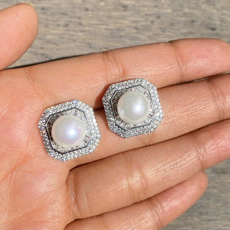 Fashion Square Micro Zircon Pearl Women's Stud Earrings for Temperament Women Daily Versatile Soild 925 Sterling Silver Jewelry