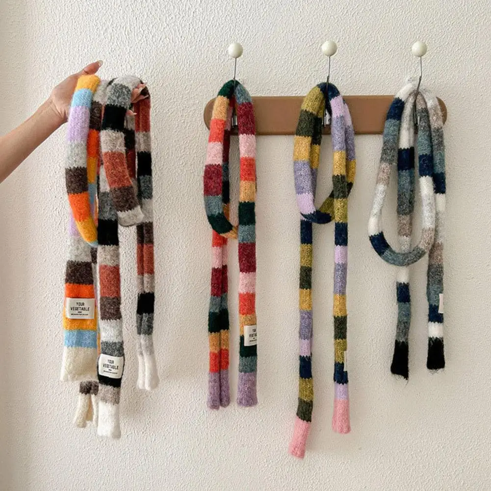 New Striped Scarf Knitted Wool With Warm Color Splicing Contrast Long Narrow Scarves Sausage Thin Scarf Winter